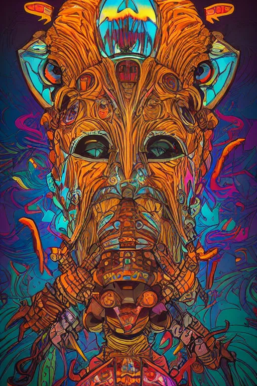 Image similar to totem animal tribal chaman vodoo mask feather gemstone plant wood rock video game illustration vivid color borderlands by josan gonzales and dan mumford radiating a glowing aura