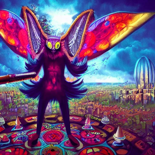 Image similar to 8K centered headshot Portrait of a psychedelic godlike mothman posing with a cigar with giant mandala wings smoking a hand-rolled cigarette smoking heavily , magic mushroom village in background , post-processing , award winning. superb resolution. in the art style of Satoshi Kon and Greg Rutkowski , Detailed Mushroom city in background , Hyper realistic anime , Perfect art , Dalle2