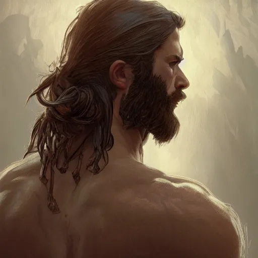 Image similar to back portrait of a rugged ranger, full body, hairy torso, D&D, fantasy, intricate, elegant, highly detailed, digital painting, artstation, concept art, matte, sharp focus, illustration, art by Artgerm and Greg Rutkowski and Alphonse Mucha