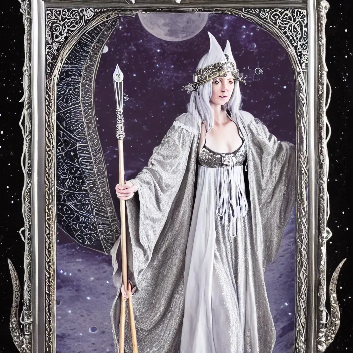 Image similar to photograph of a real-life beautiful lunar witch with ornate silver robes and staff. Extremely detailed. 8k