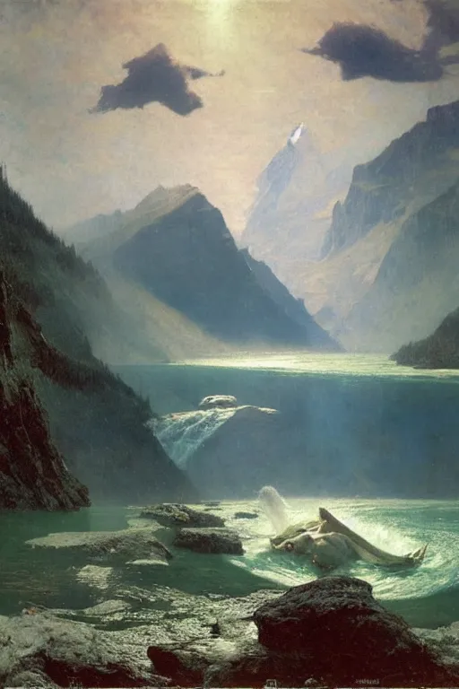 Image similar to a sea serpent emerges from lake in canadian rockies, water splashes cascades, beautiful day, by albert bierstadt, ruan jia, lawrence alma tadema, zdzislaw beksinski, carl spitzweg, everett raymond kinstler, norman rockwell, jack kirby, tom lovell, greg staples