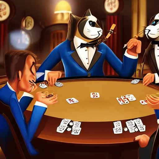 Prompt: cat mafia playing poker in a casino, dringing whiskey and smoking cigars