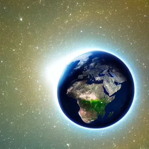Image similar to landscape image : earth seen from space looking into a mirror reflecting a sphere resembling a black hole.