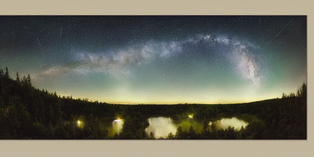 Prompt: a detailed beautiful pastel painting of a forested river valley under a starry night sky, moon reflecting on water, by Mikko Lagerstedt and Raphael Lacoste, fisheye lens