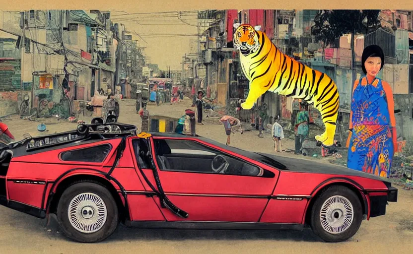 Image similar to a red delorean and a yellow tiger in ajegunle slum of lagos - nigeria, painting by hsiao - ron cheng, utagawa kunisada & salvador dali, magazine collage style,