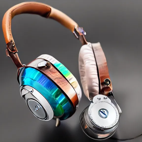 Prompt: masterpiece photo of beautiful hand crafted artistic detailed transparent headphones, bismuth rainbow metal, electronics see through, plush leather pads, displayed on mahogany desk, modernist headphones, bismuth beautiful well designed, hyperrealistic, audiophile, intricate hyper detail, extreme high quality, photographic, audeze, sennheiser, raal, bang olufsen, abyssal