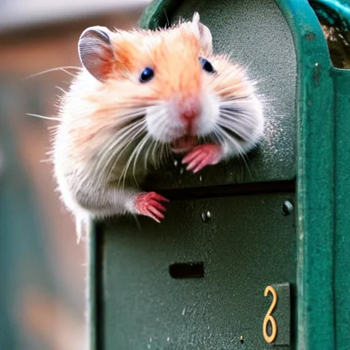 Prompt: a hamster crawling out of a mail box and smiling, outdoors, close up, dslr photo