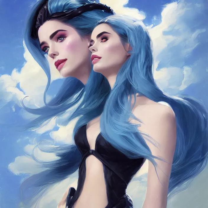 Prompt: portrait of a combination of Ashley Greene, Adriana Dxim, Grace Kelly and Lily Collins with blue hair as Syndra from League of Legends, countryside, calm, fantasy character portrait, dynamic pose, above view, sunny day, thunder clouds in the sky, artwork by Jeremy Lipkin and Giuseppe Dangelico Pino and Michael Garmash and Rob Rey and Greg Manchess and Huang Guangjian, very coherent asymmetrical artwork, sharp edges, perfect face, simple form, 100mm