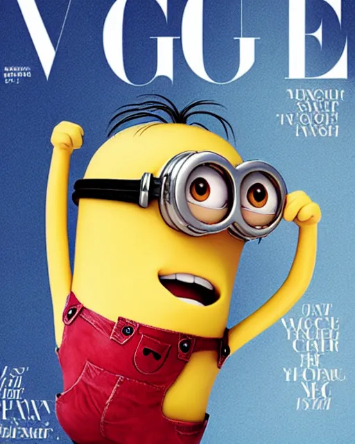 Prompt: a minion poses seductively on the cover of Vogue magazine