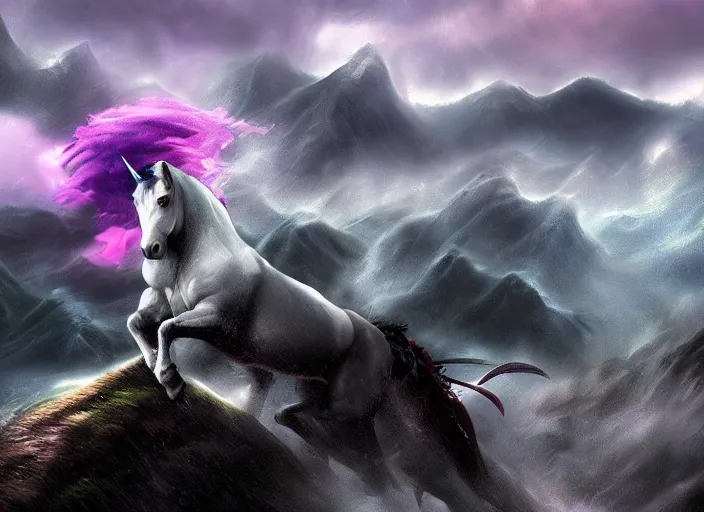 Image similar to digital art, trending on artstation, unicorn fighting a dragon, storm, mountains in the background, foggy, high details