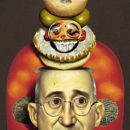 Image similar to a amazing new surrealist hybrid of the pope mixed with an anthropomorphic cheeseburger made of the popes face by giuseppe arcimboldo and kandinskali and catrin welz - stein, melting cheese, steamed buns, grilled artichoke, sliced banana, salami, milk duds, licorice allsort filling