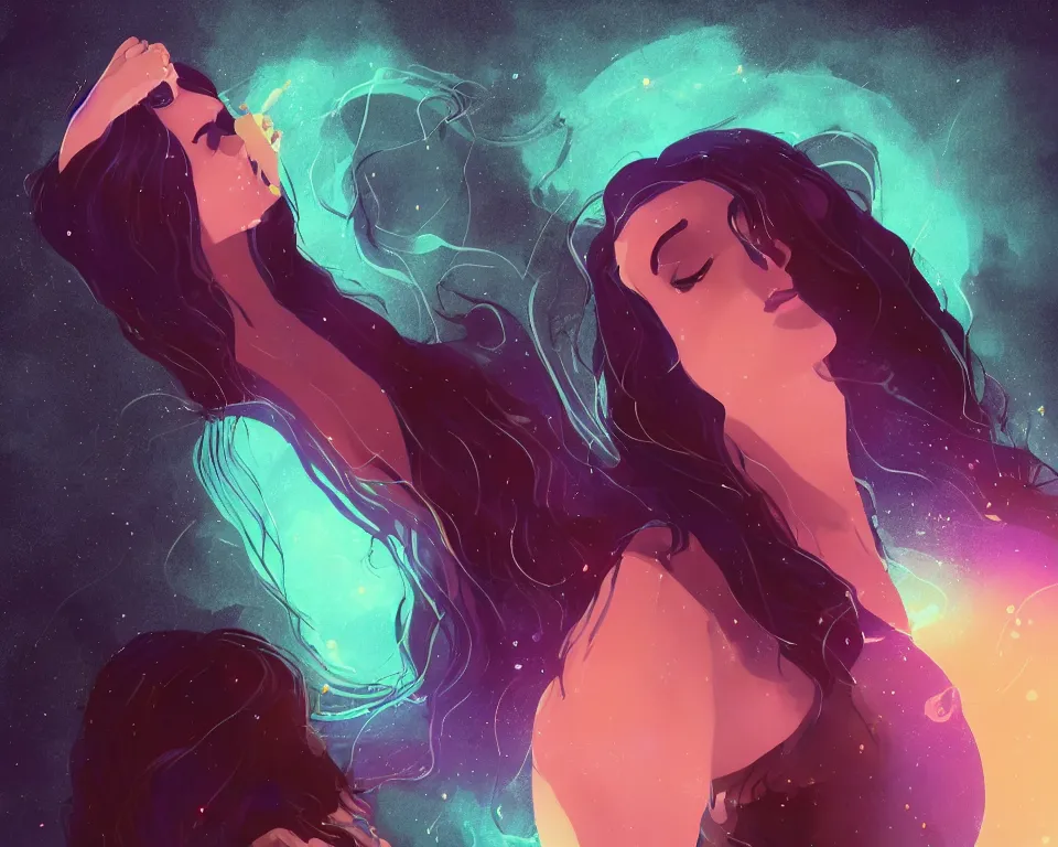 Image similar to beautiful seductive girl standing in a lake basking in the moonlight, using magic, under a multi-colored binary blackhole with an accretion disc, glowing trails following her arms, wearing professional makeup, acidwave, by Lois van Baarle, by Greg Rutkowski, by artgerm, by beeple, by studio ghibli, cinematic angle, volumetric lighting, 4k resolution, octane render, trending on artstation, masterpiece
