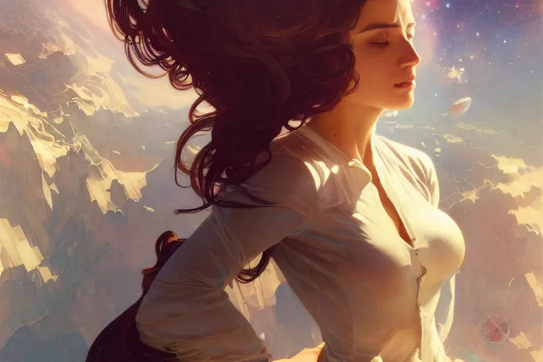 Image similar to Sensuous good looking pale young Spanish doctors wearing jeans in a space station above Earth, portrait, elegant, intricate, digital painting, artstation, concept art, smooth, sharp focus, illustration, art by artgerm and greg rutkowski and alphonse mucha