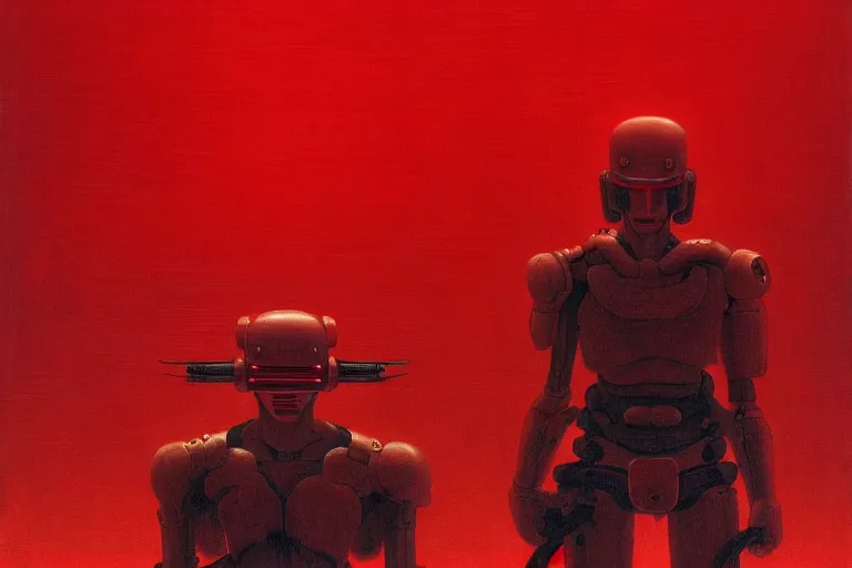 Image similar to only with red, a red cyborg samurai, tokio futuristic in background, some evil yokai, in the style of beksinski, parts by edward hopper, parts by rodcenko, parts by yue minjun, intricate and epic composition, red by caravaggio, insanely quality, highly detailed, masterpiece, red light, artstation, 4 k