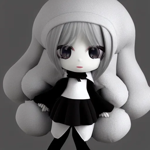 Image similar to cute fumo plush of a girl who controls the flow of time, black and white, vray render