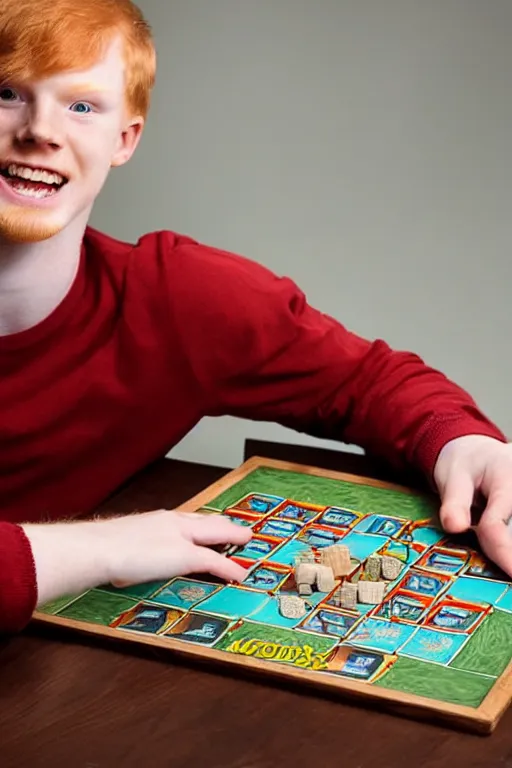 Image similar to 3 / 4 body photo of a young ginger men with disgusting! teeth, playing a boardgame, nerdy appearance, smooth, sharp, 8 5 mm, f / 1. 3