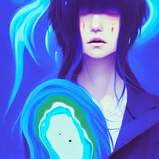 Image similar to blue slime swirling around a pensive rimuru tempest, enveloped in ghosts, sky blue straight hair, bangs, with amber eyes, black jacket, high collar, ultra fine detaile, dark theme, digital painting, psychedelic, cinematic, wlop, pixiv, ilya kuvshinov, ross tran