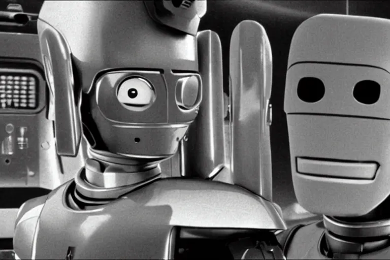 Image similar to a movie still from the 1978 Sci-fi movie The Robots Are Alive featuring Bender from Futurama