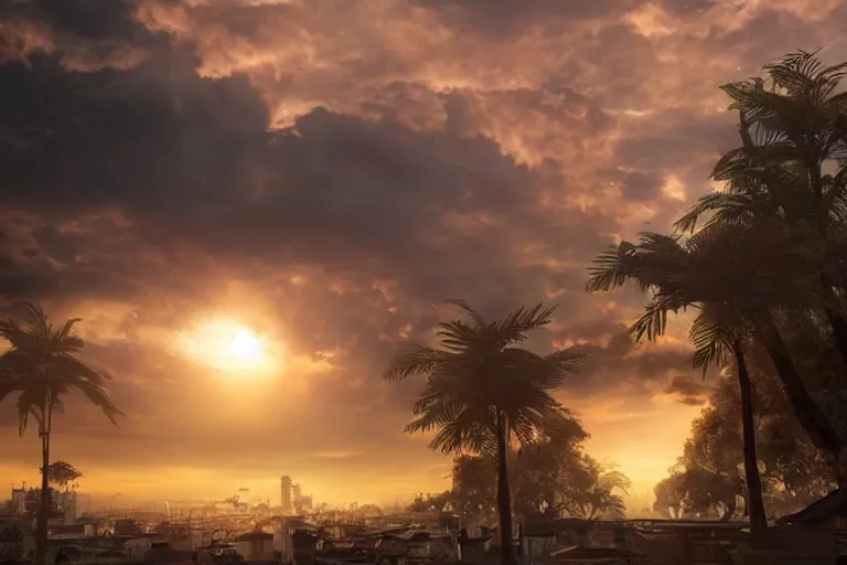 Image similar to the most amazing dream you ever had about indonesian city with 2 suns in the clody sky, hyper realistic, ambient lighting, concept art, intricate, hyper detailed, smooth, dynamic volumetric lighting, octane, cinematic