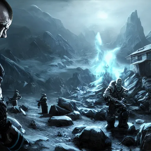 Image similar to Walter White in Skyrim, League of Legends amazing splashscreen artwork, (Gears of War), splash art,natural light, elegant, photorealistic facial features, intricate, fantasy, detailed face, atmospheric lighting, anamorphic lens flare, cinematic lighting, league of legends splash art, hd wallpaper, ultra high details by Greg rutkowski