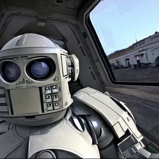 Prompt: first person view from inside the interior of a republic commando helmet with a digital heads - up display