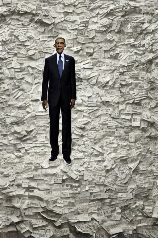 Image similar to obama standing next to a mountain made of papers, oil on canvas, intricate, portrait, 8 k highly professionally detailed, hdr, cgsociety