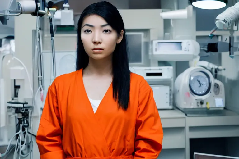 Image similar to a photograph of a beautiful young asian woman wearing an orange prison jumpsuit standing in a laboratory surrounded by sci fi medical equipment, cinematic lighting, sci fi, futuristic