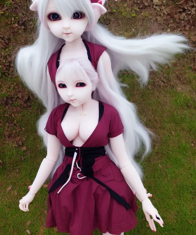 Prompt: full body cute adorable young anime kitsune with white curly hair, style of neytrix, lifesize doll, creepy