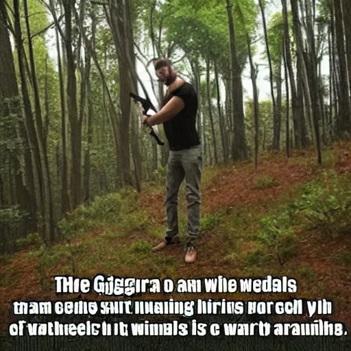 Image similar to giga chad from the memes holding a weapon in a forest the weather is raining