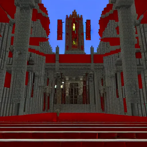 Image similar to inside a large church cathedral for a blood god built in minecraft, ornate, fancy, gloomy