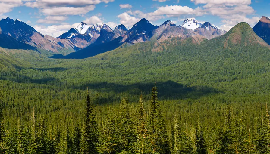 Prompt: Alaska wilderness in summer with mountainous background as seen from scenic viewpoint. panorama view.