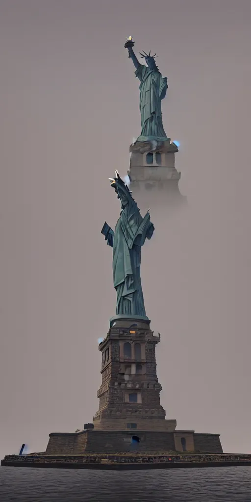 Prompt: a large ominous octopus is wrapped around the statue of liberty. dystopian future. dramatic lighting, light fog. detailed, octane render, trending on artstation, hyper realism, 4k. by Zdzisław Beksinski, artgerm.