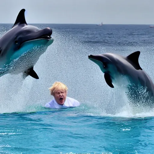 Prompt: Boris Johnson getting attacked by a pod of dolphins at sea world