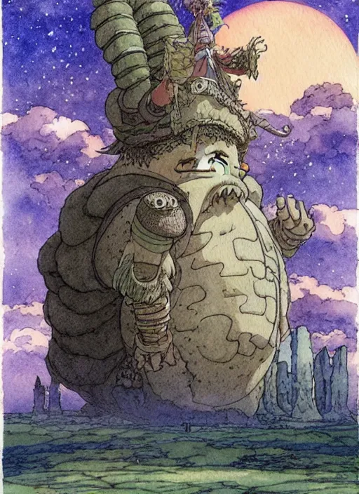 Prompt: hyperrealist studio ghibli watercolor fantasy concept art of a giant king kai from howl's moving castle sitting on stonehenge like a chair. it is a misty starry night. by rebecca guay, michael kaluta, charles vess