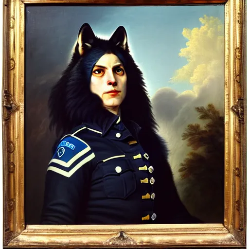 Image similar to a head - and - shoulders portrait of a female wolf wolfwoman wearing a police uniform looking off camera, an american romanticism painting, a portrait painting, cgsociety, soft focus, oil on canvas