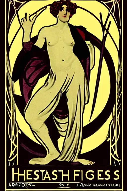 Image similar to art nouveau poster. hephaestus at the forge