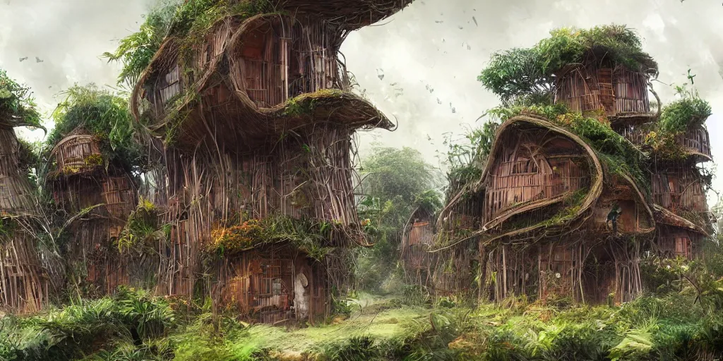 Image similar to long and tall organic houses, village, jungle, artstation, digital art