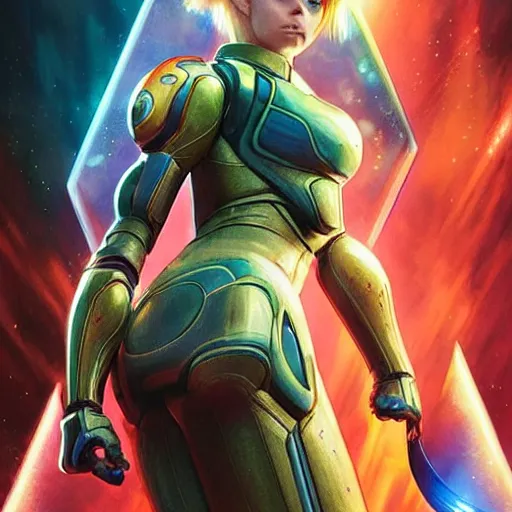 Image similar to Symmetric movie poster of Cara delevingne as Samus Aran , Marviel Style cover art, ultra wide lens shot,cinematic lighting, beautiful,art by Artgerm and Greg Rutkowski and Alphonse Mucha