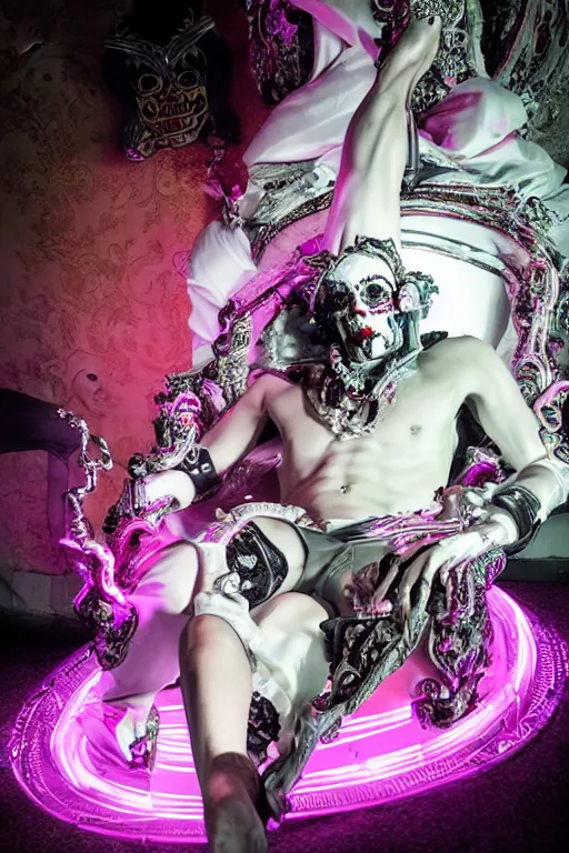 Image similar to full-body rococo and cyberpunk style neon statue of a young attractive portugues macho dotado e rico android sim roupa reclining con piroca dura, glowing white laser eyes, prince crown of pink gears, diamonds, swirling silver-colored silk fabric. futuristic elements. full-length view. space robots. human skulls. intricate artwork by caravaggio. Trending on artstation, octane render, cinematic lighting from the right, hyper realism, octane render, 8k, depth of field, 3D