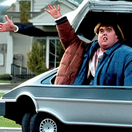 Image similar to a film still of john candy as marty in back to the future ( 1 9 8 5 )