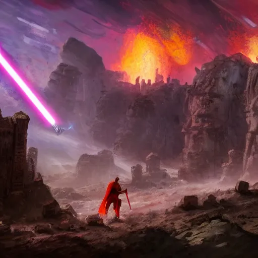 Image similar to a duel between 2 jedis standing in the ruins of crux prime, destroyed monastery, purple fiery maelstrom in the distance, digital art, artstationhq