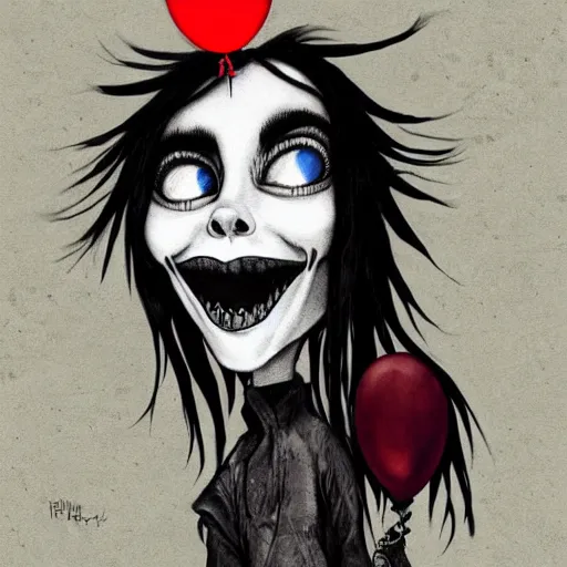 Image similar to grunge cartoon painting of billie eilish with a wide smile and a red balloon by chris leib, loony toons style, pennywise style, corpse bride style, horror theme, detailed, elegant, intricate