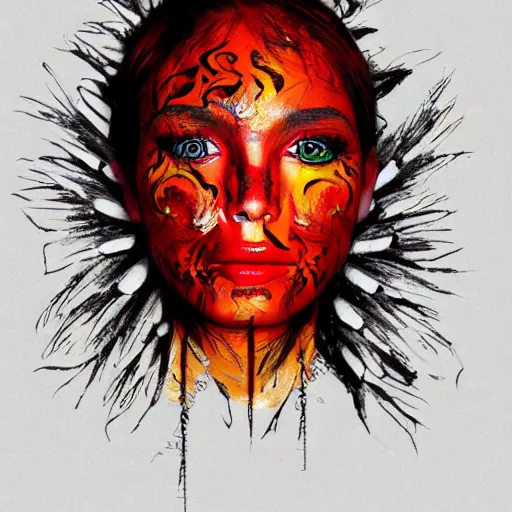 Prompt: artistic drawing of beautiful female face, made entirely from painted flames, made entirely from painted flames, made entirely from painted flames, made entirely from painted flames, made entirely from painted flames, trending on Artstation