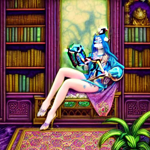 Image similar to a detailed fantasy pastel portrait of a woman wizard in ornate clothing lounging on a purpur pillow on the marble floor in front of her bookcase in a room, reading an ancient tome. to the side is a potted plant, moody light. ancient retrofuturistic setting. 4 k key art. raytracing, perspective, by chie yoshii and yoshitaka amano.