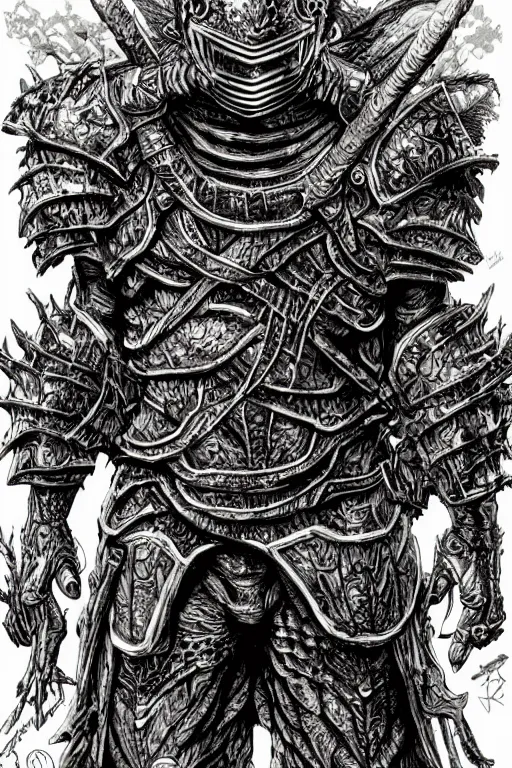 Image similar to humanoid amphibian warrior, wearing armour, swamp, symmetrical, highly detailed, digital art, sharp focus, trending on art station, kentaro miura manga art style