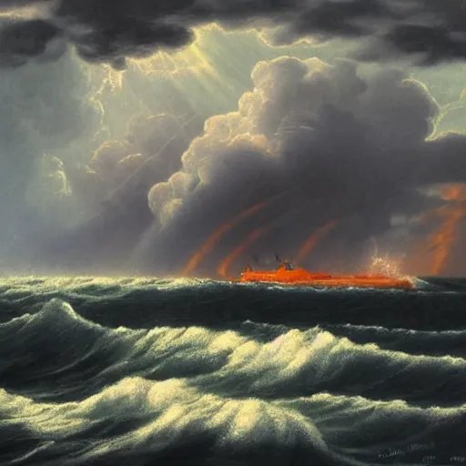 Prompt: This painting depicts a storm scene with thunder and lightning. The dark grey clouds, illuminated with electric light, swirl around the sun, which is painted bright orange. The sea is dark, and roils angrily as the storm rages. You can just make out the silhouette of a ship, being tossed by the waves, and headed towards the rocky coastline