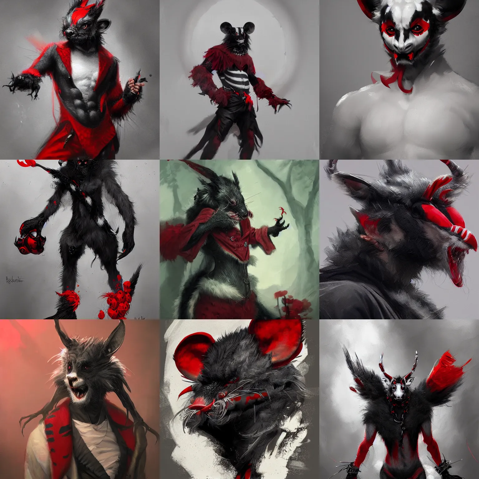Prompt: masterpiece painting by WLOP and Ross Tran of a spotted male humanoid black and white wererat wearing red jester clothes, highly detailed, sharp, color graded, featured in Artstation, inspired by Greg Rutkowski, cgsociery
