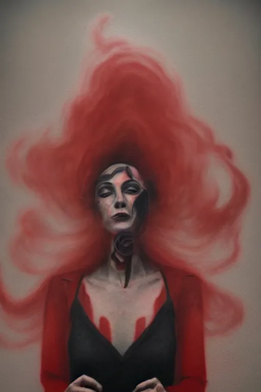 Image similar to tattooed beautiful cult girl smoke swirling and smiling, red dress, symmetric, dark, moody, eerie religious composition, photorealistic oil painting, post modernist layering, by Sean Yoro