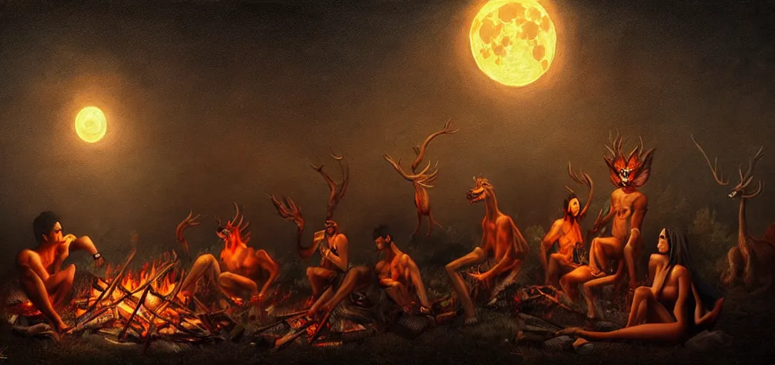 Image similar to strange mythical beasts of sitting around a fire under a full moon, surreal dark uncanny painting by ronny khalil