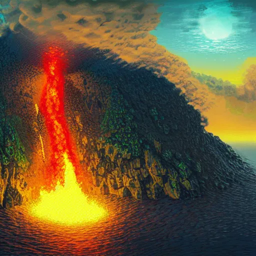 Image similar to lava raining down from sky onto ocean, beautiful detailed pixel art, intricate details, beautiful, dithered gradients, volumetric lighting, cgsociety, artstation, smooth, sharp focus, 2 d illustration, old school computer game graphics, crpg, d & d, pixel art